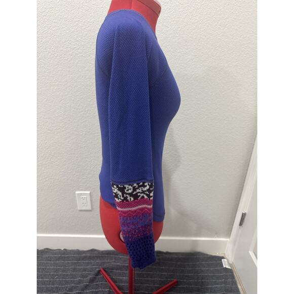 Free People Blue Thermal Knit Top w/ Crochet Knit Cuffs Long Sleeve - Picture 4 of 6